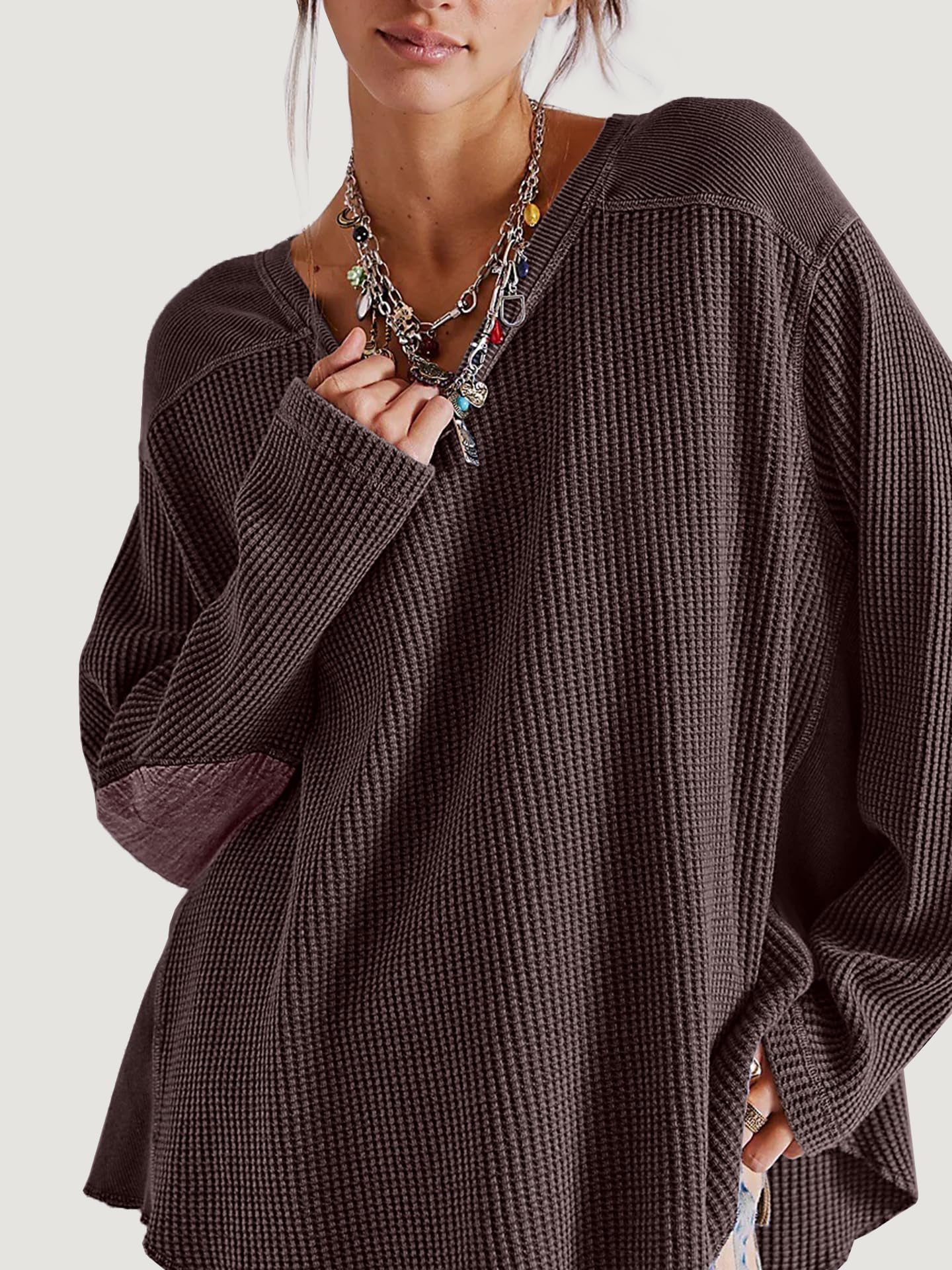 Waffle Knit Oversized Sweatshirt, Long Sleeve Crew Neck Pullover for Spring Fall