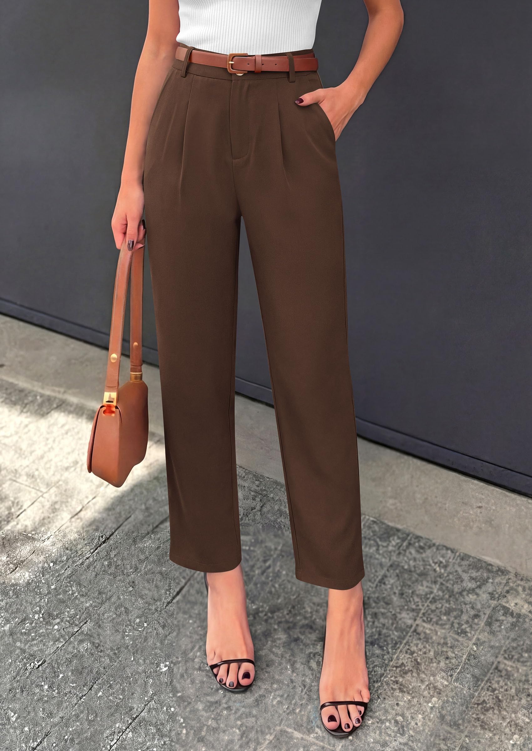 Tapered High Waisted Ankle Pants, Elastic Waist Work Trousers with Pockets Business Casual