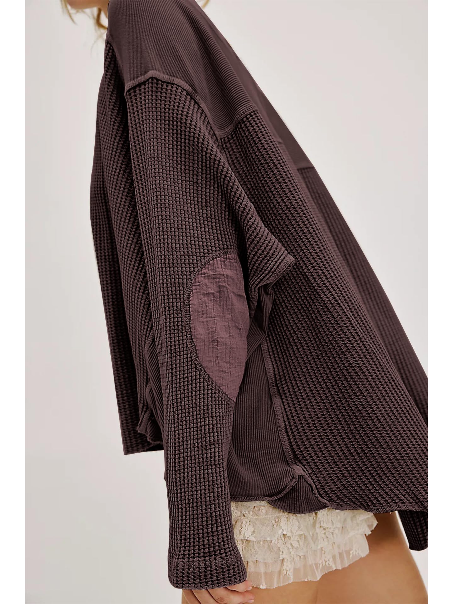 Waffle Knit Oversized Sweatshirt, Long Sleeve Crew Neck Pullover for Spring Fall