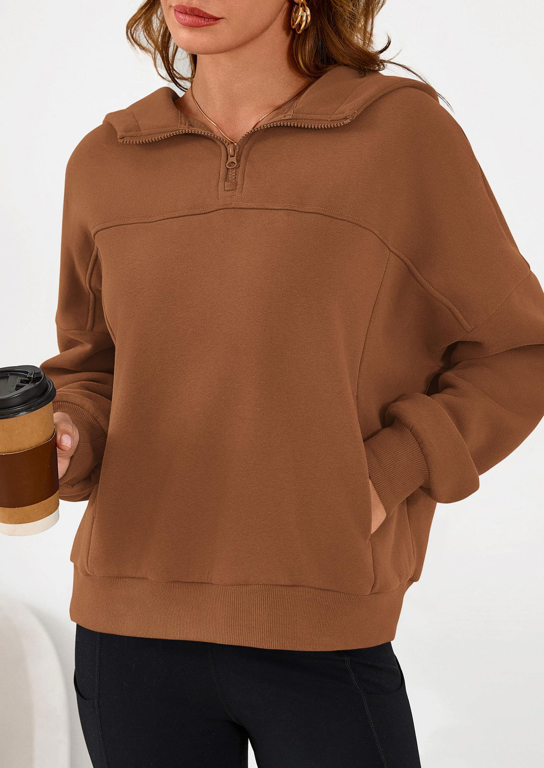 Cropped Quarter Zip Fleece Sweatshirt, Long Sleeve Hoodie with Kangaroo Pocket for Fall Winter