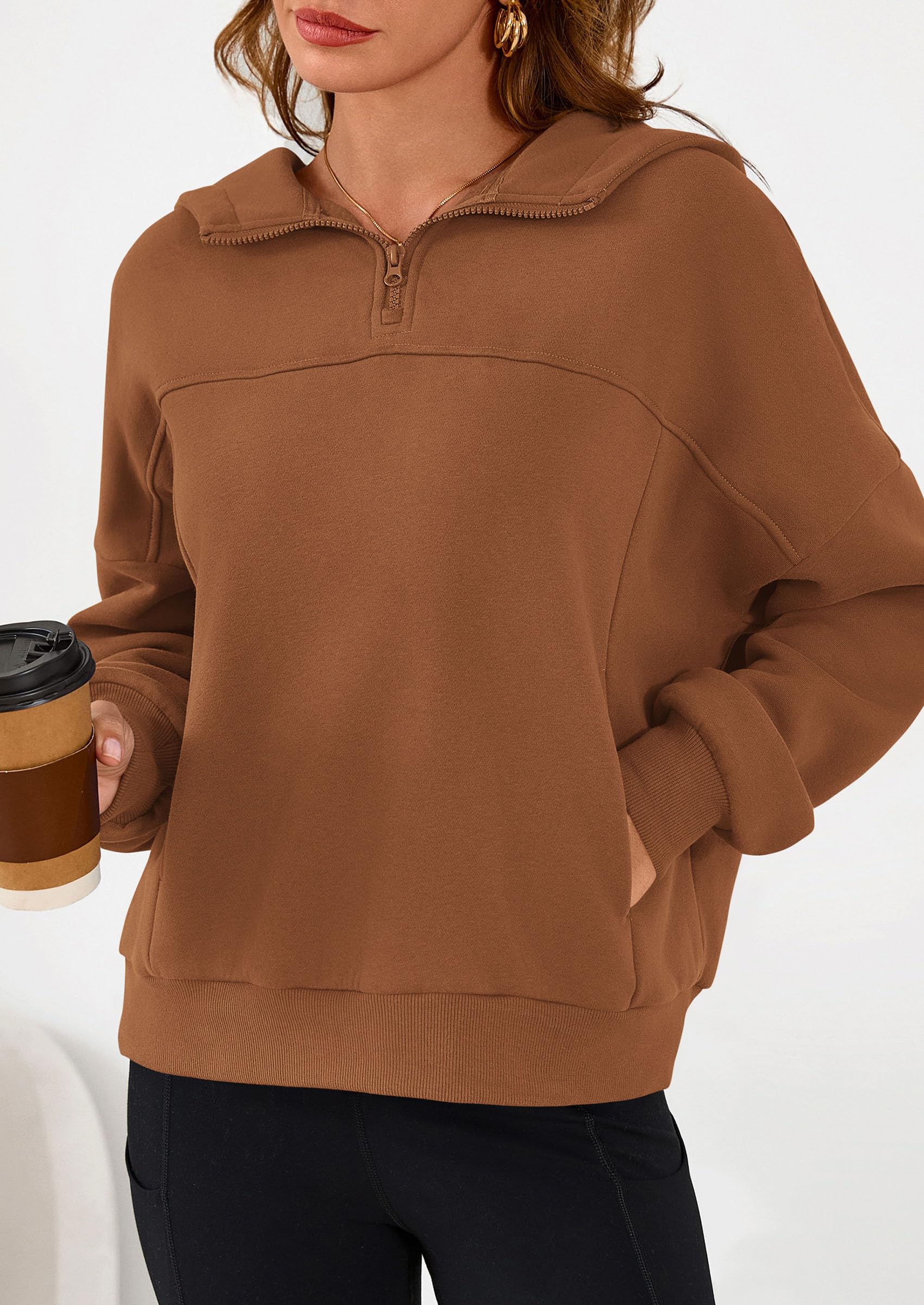 Cropped Quarter Zip Fleece Sweatshirt, Long Sleeve Hoodie with Kangaroo Pocket for Fall Winter