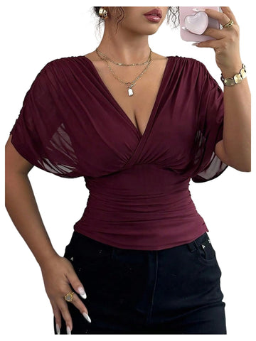 Sheer Mesh Wrap Tee with Cinched Waist – Ruched Tie-Back Detail, V-Neck Dolman Sleeve