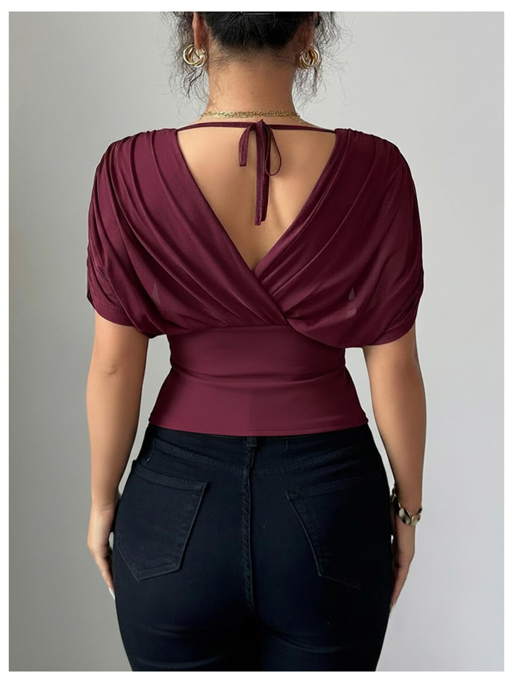 Sheer Mesh Wrap Tee with Cinched Waist – Ruched Tie-Back Detail, V-Neck Dolman Sleeve