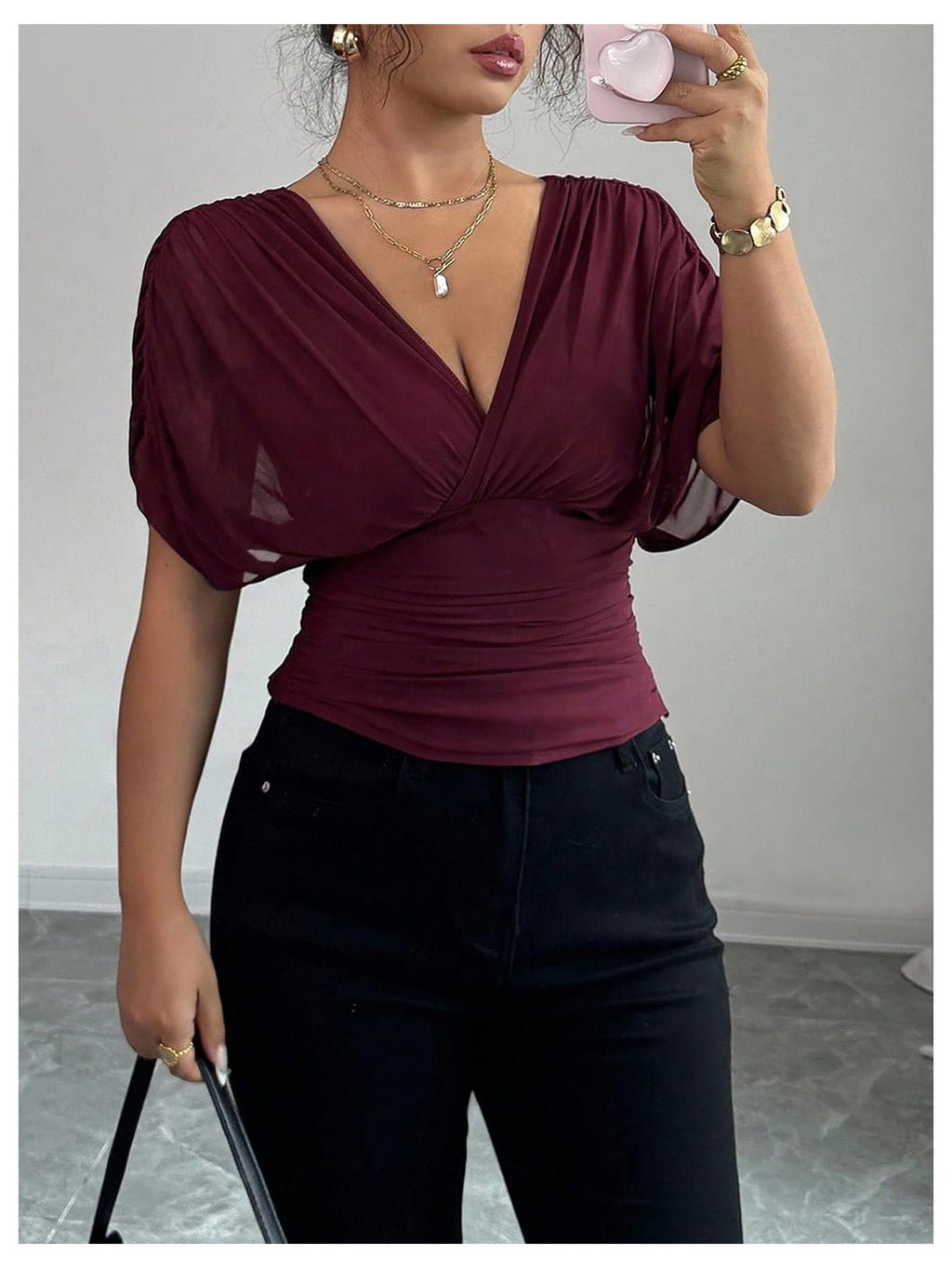 Sheer Mesh Wrap Tee with Cinched Waist – Ruched Tie-Back Detail, V-Neck Dolman Sleeve