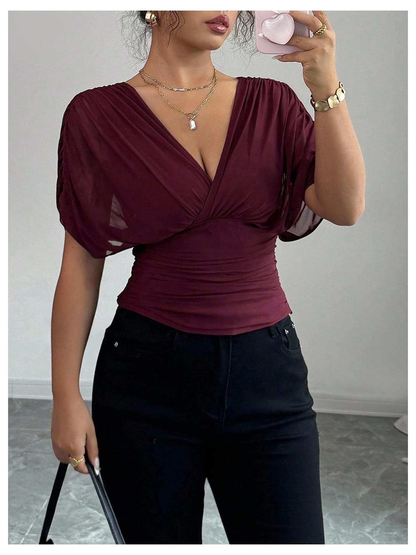 Sheer Mesh Wrap Tee with Cinched Waist – Ruched Tie-Back Detail, V-Neck Dolman Sleeve