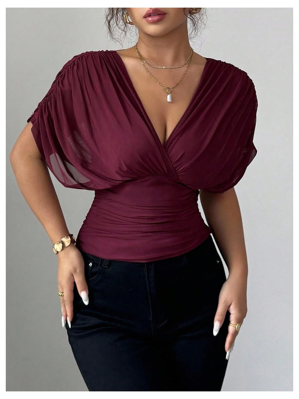 Sheer Mesh Wrap Tee with Cinched Waist – Ruched Tie-Back Detail, V-Neck Dolman Sleeve