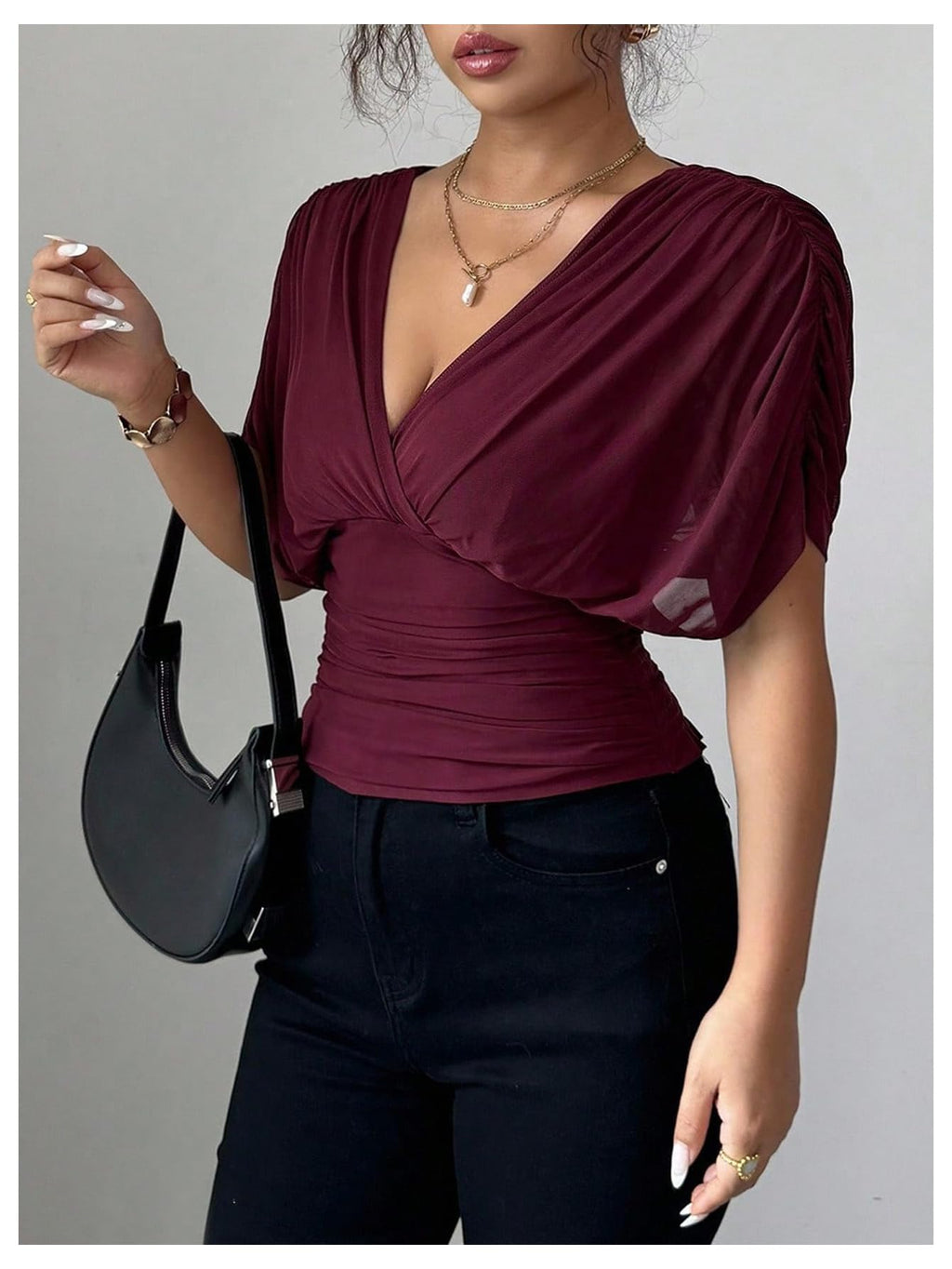 Sheer Mesh Wrap Tee with Cinched Waist – Ruched Tie-Back Detail, V-Neck Dolman Sleeve