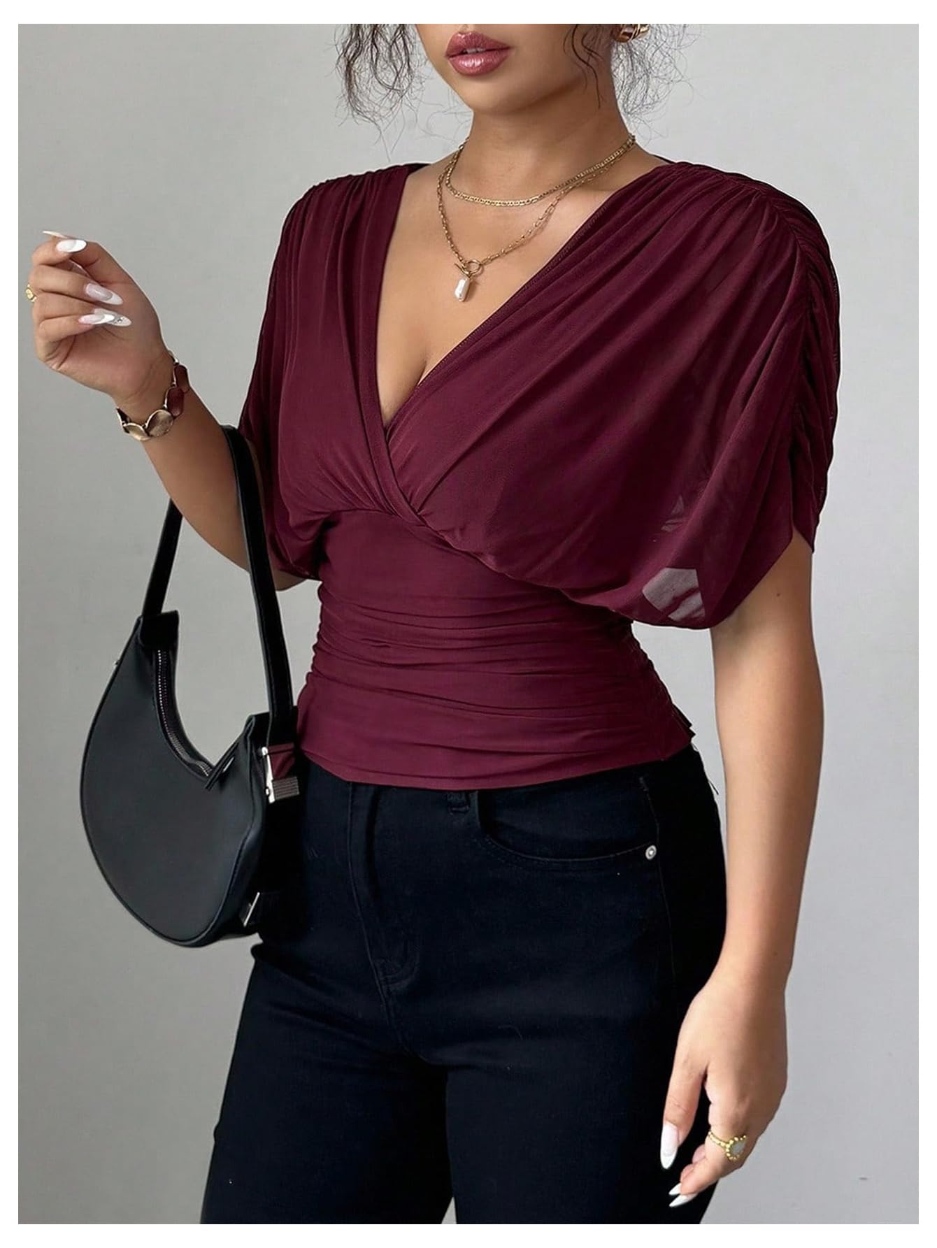 Sheer Mesh Wrap Tee with Cinched Waist – Ruched Tie-Back Detail, V-Neck Dolman Sleeve