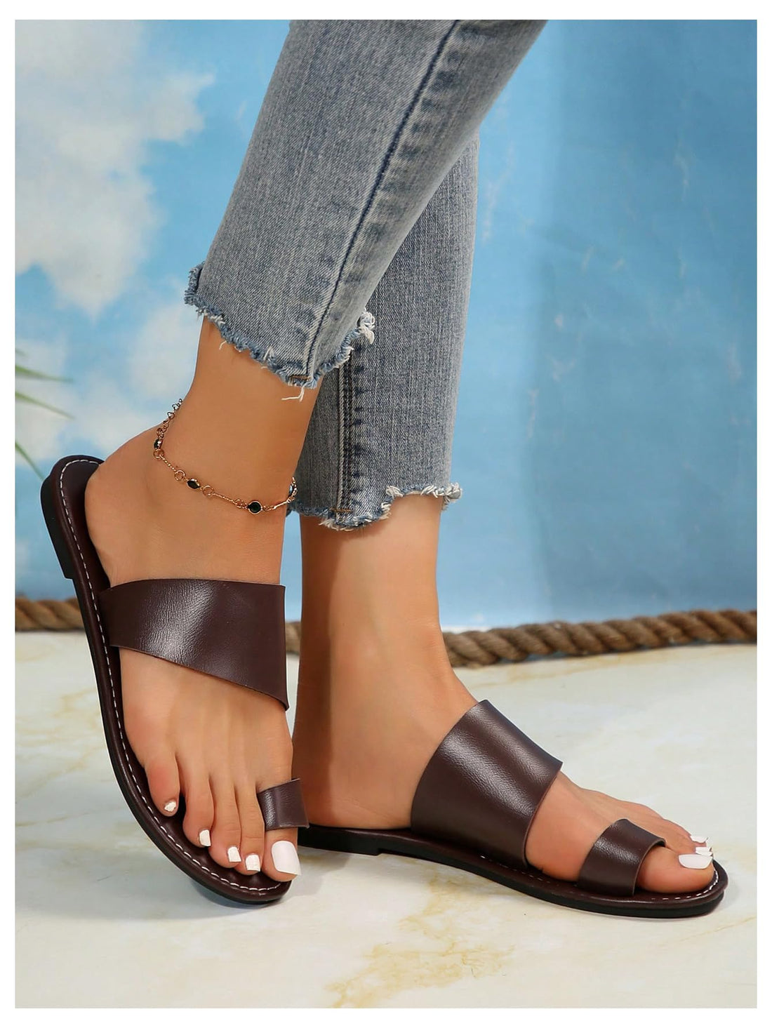 Toe Ring Open Toe Leather Flat Sandals, Strappy Non Slip Slides for Beach Outdoor