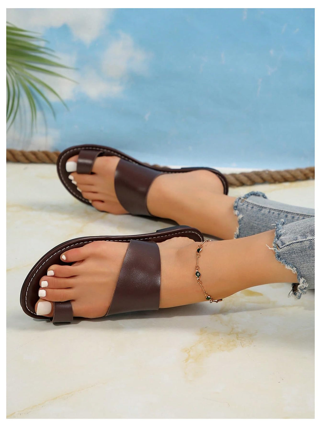 Toe Ring Open Toe Leather Flat Sandals, Strappy Non Slip Slides for Beach Outdoor