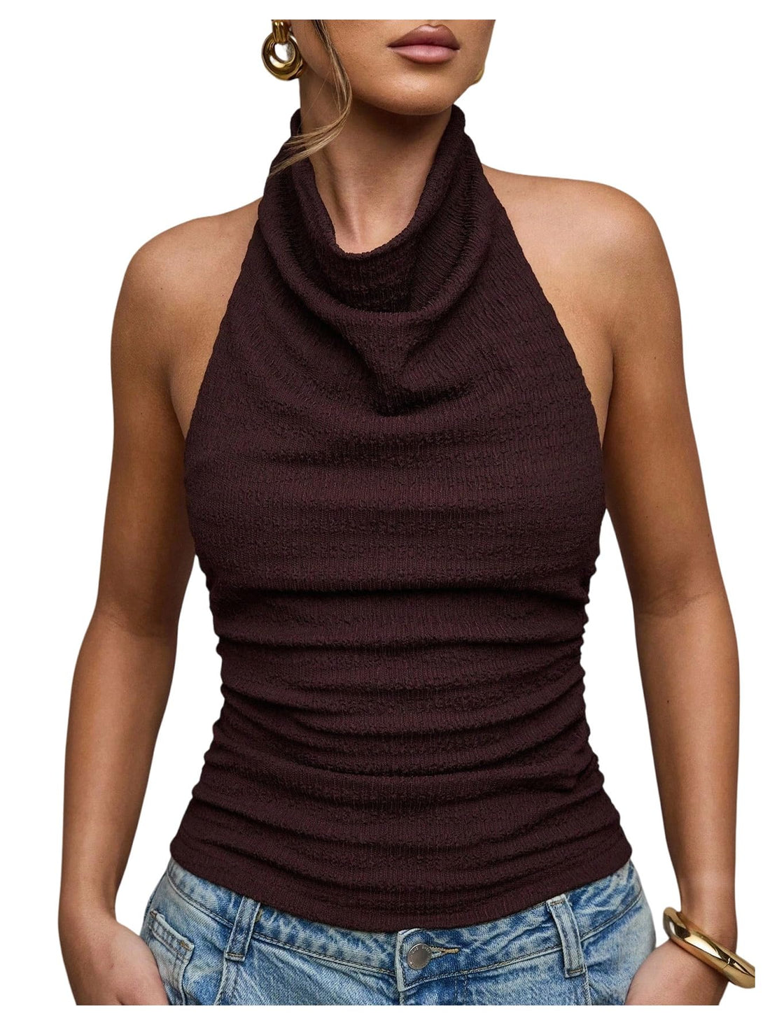 Backless Halter Ruched Top – Fitted Knit, Sleeveless Rave & Date Night Essential
