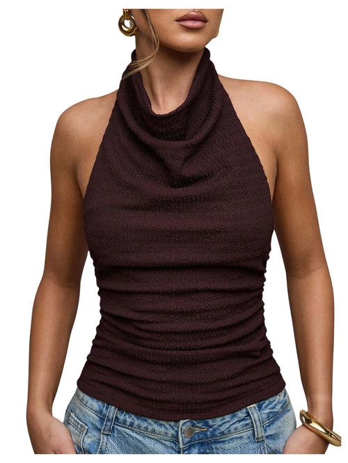 Backless Halter Ruched Top – Fitted Knit, Sleeveless Rave & Date Night Essential