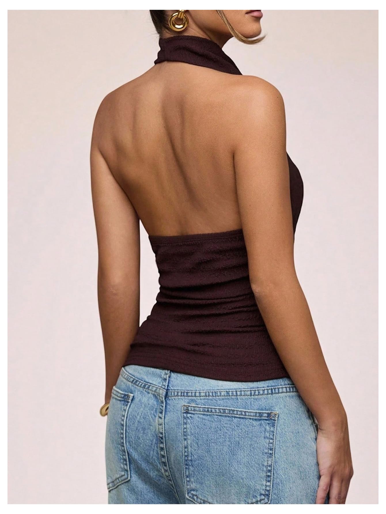 Backless Halter Ruched Top – Fitted Knit, Sleeveless Rave & Date Night Essential