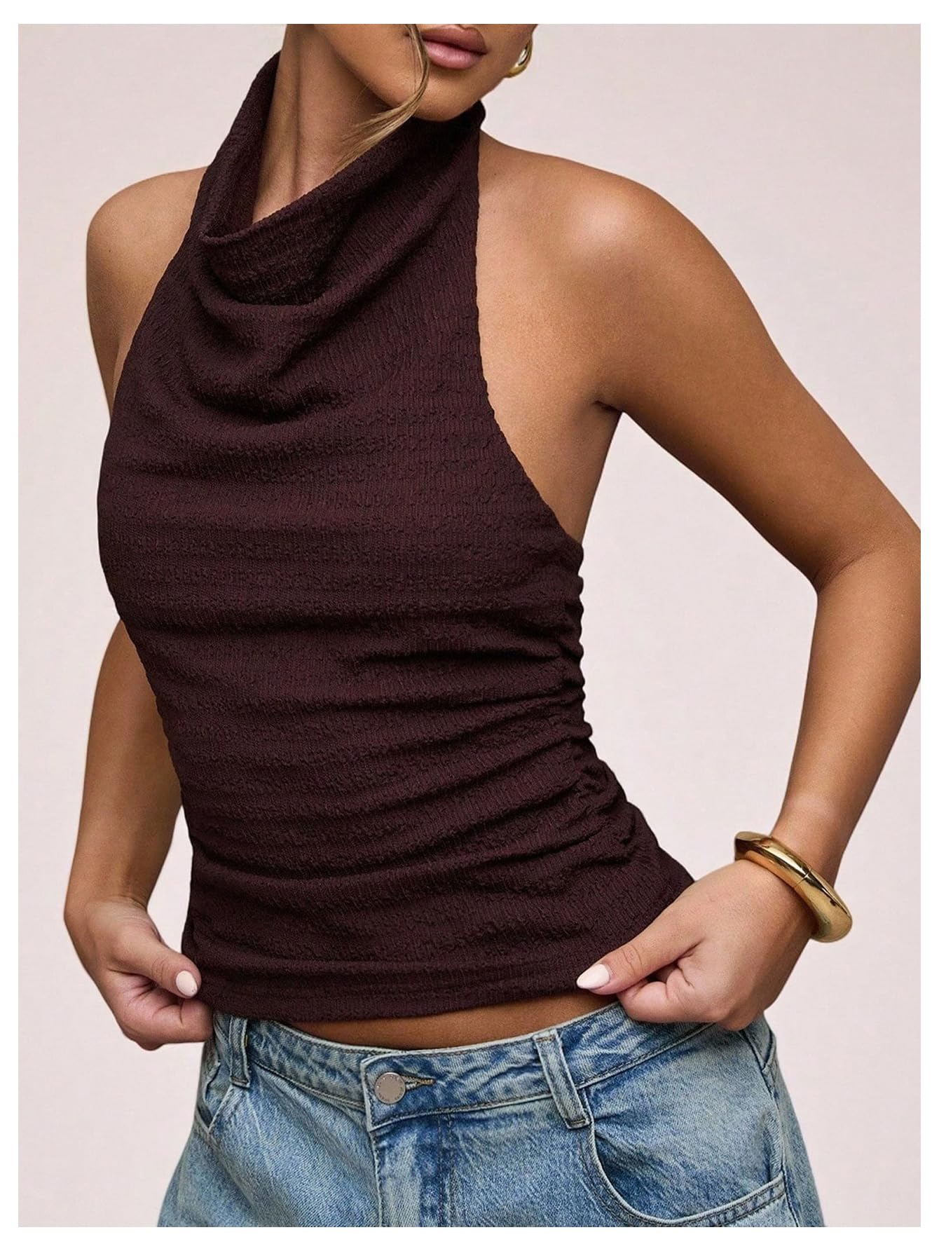 Backless Halter Ruched Top – Fitted Knit, Sleeveless Rave & Date Night Essential