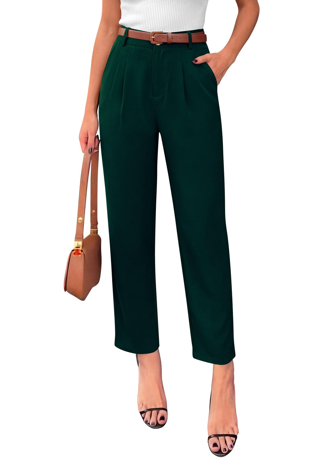 Tapered High Waisted Ankle Pants, Elastic Waist Work Trousers with Pockets Business Casual