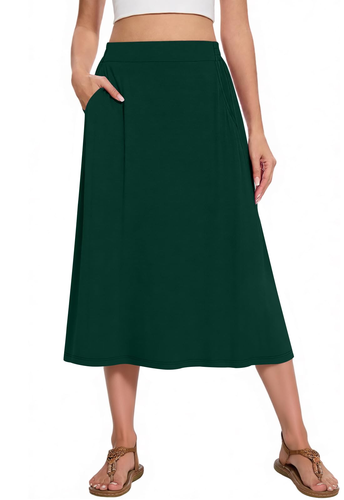 Flowy Midi A Line Skirt, Elastic High Waisted Casual Skirt with Pockets for Summer