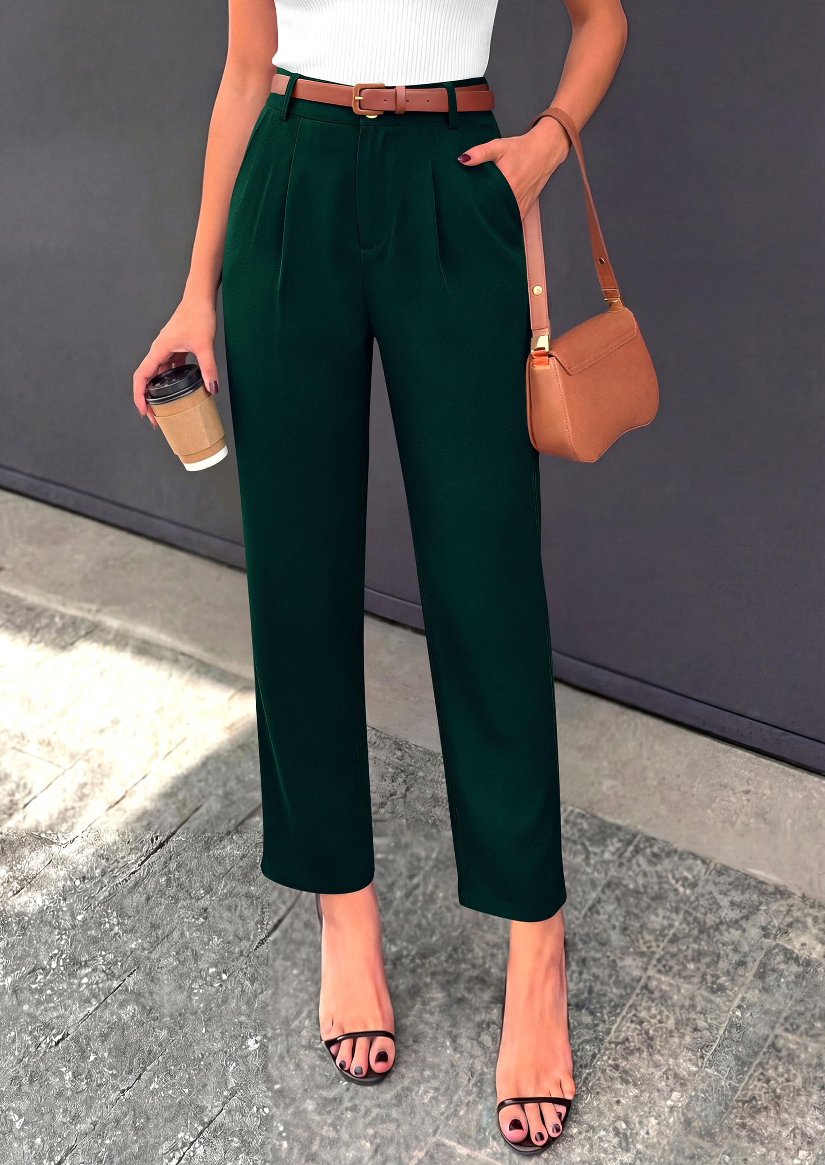 Tapered High Waisted Ankle Pants, Elastic Waist Work Trousers with Pockets Business Casual