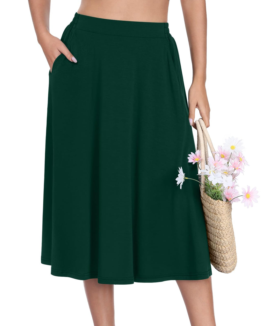 Flowy Midi A Line Skirt, Elastic High Waisted Casual Skirt with Pockets for Summer