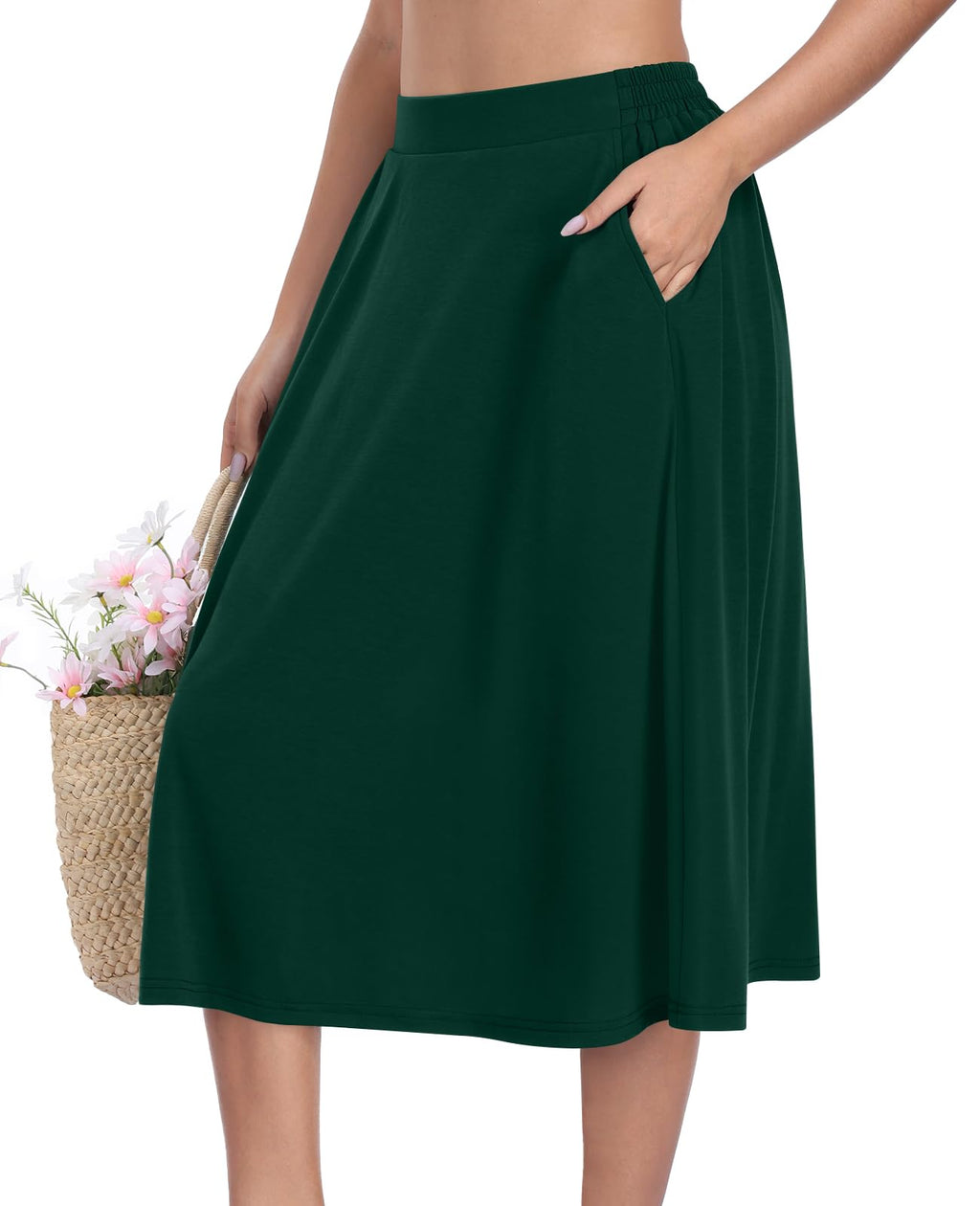 Flowy Midi A Line Skirt, Elastic High Waisted Casual Skirt with Pockets for Summer