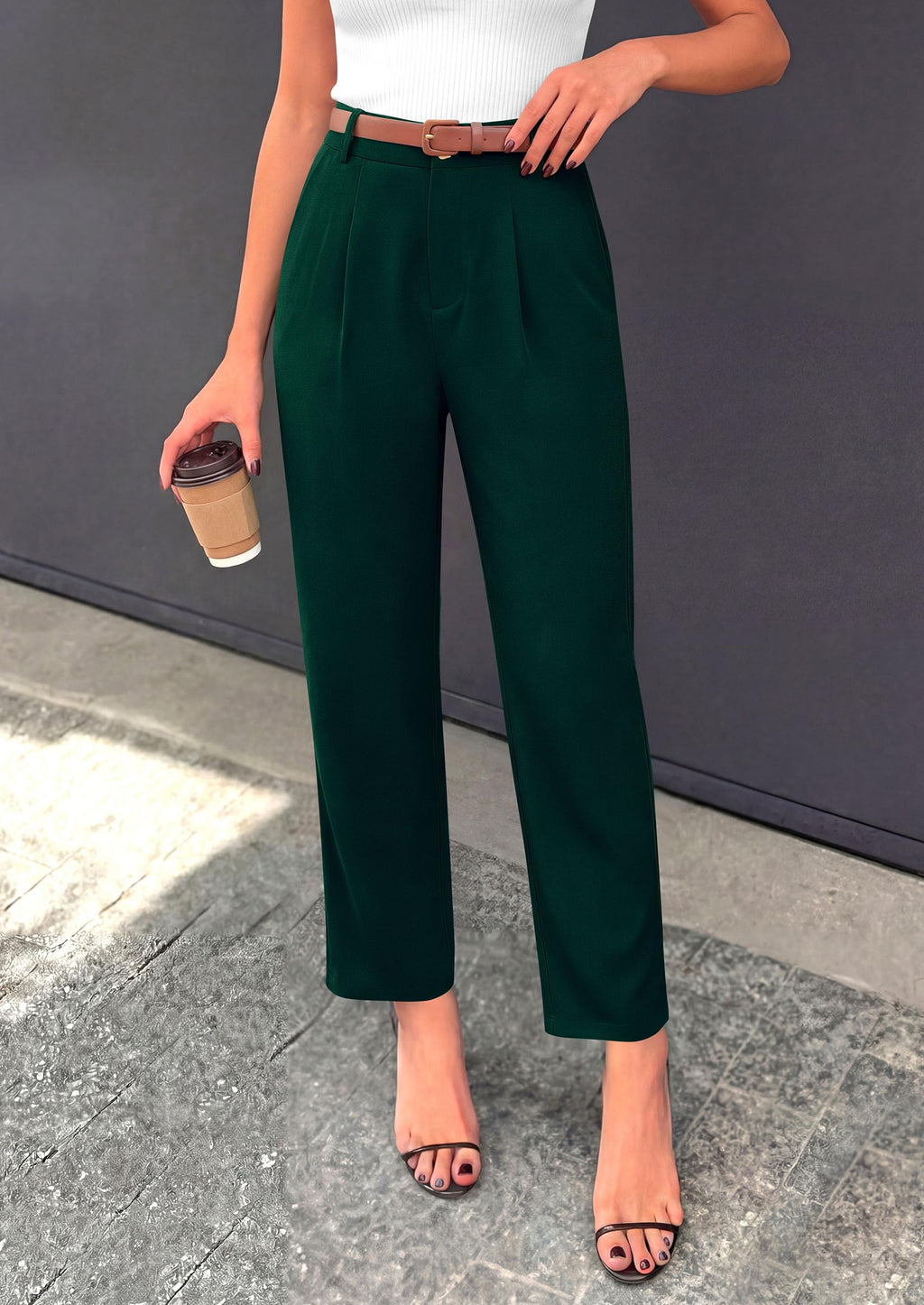 Tapered High Waisted Ankle Pants, Elastic Waist Work Trousers with Pockets Business Casual