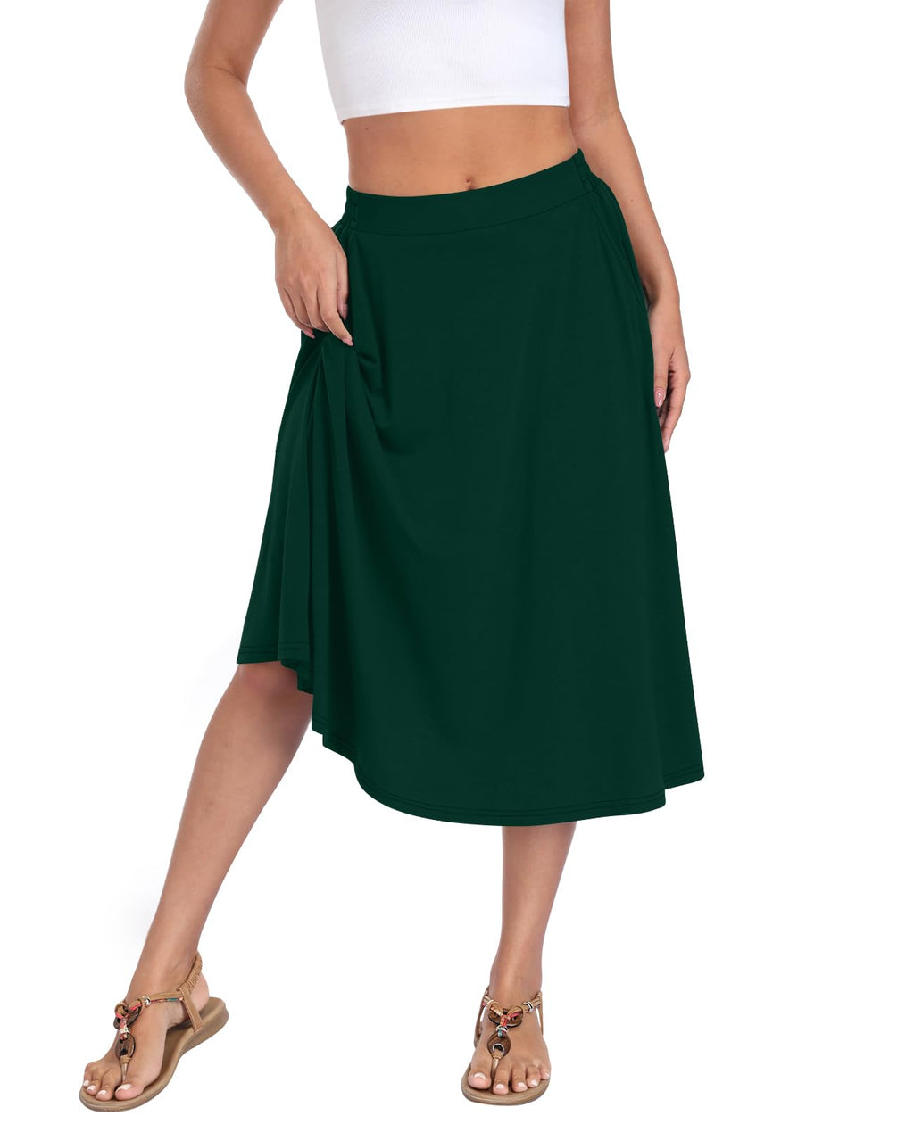Flowy Midi A Line Skirt, Elastic High Waisted Casual Skirt with Pockets for Summer