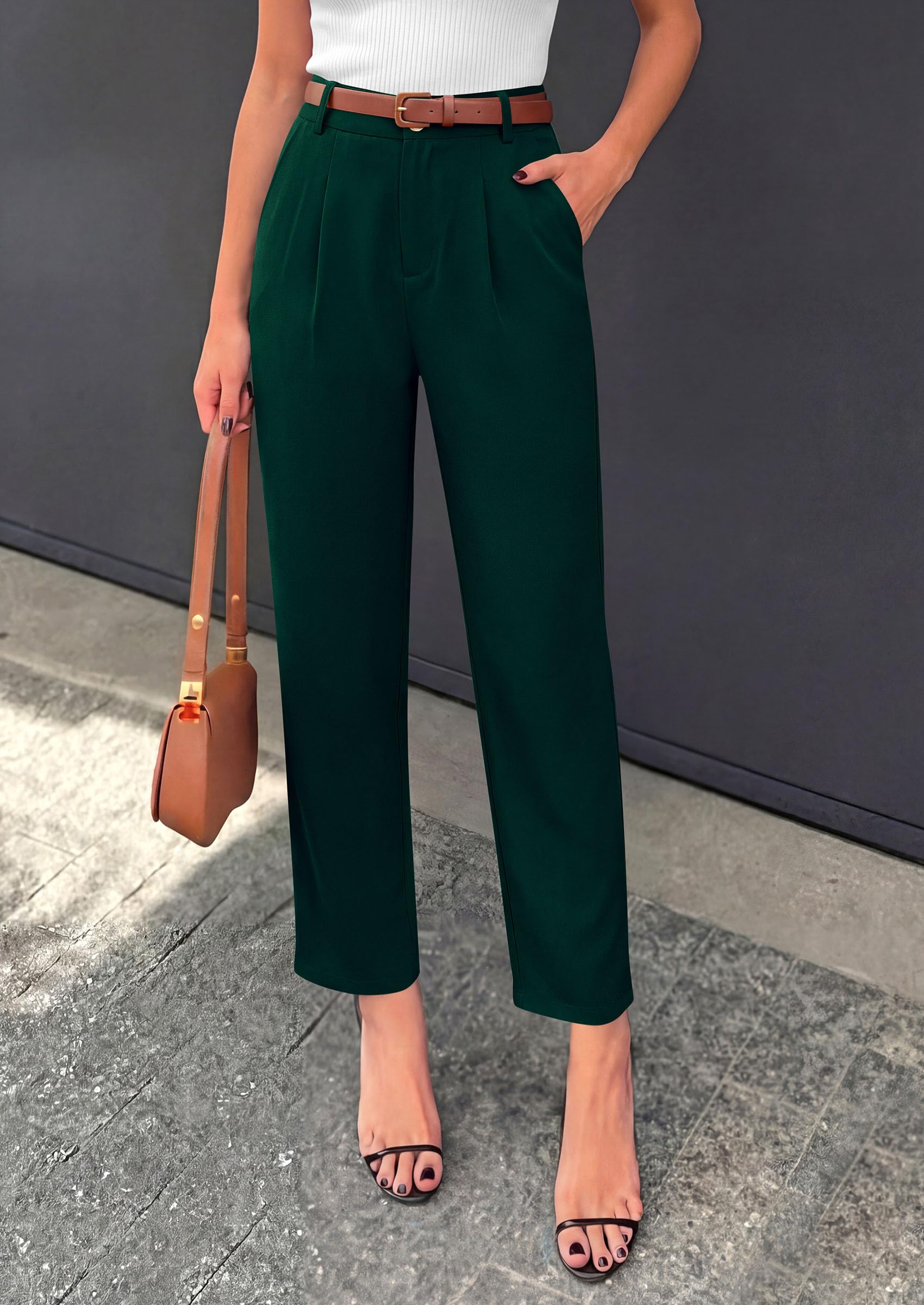 Tapered High Waisted Ankle Pants, Elastic Waist Work Trousers with Pockets Business Casual