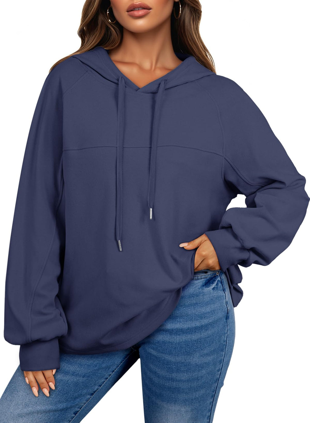 Lightweight Knit Hoodie, Oversized Long Sleeve Pullover with Drawstring Hood