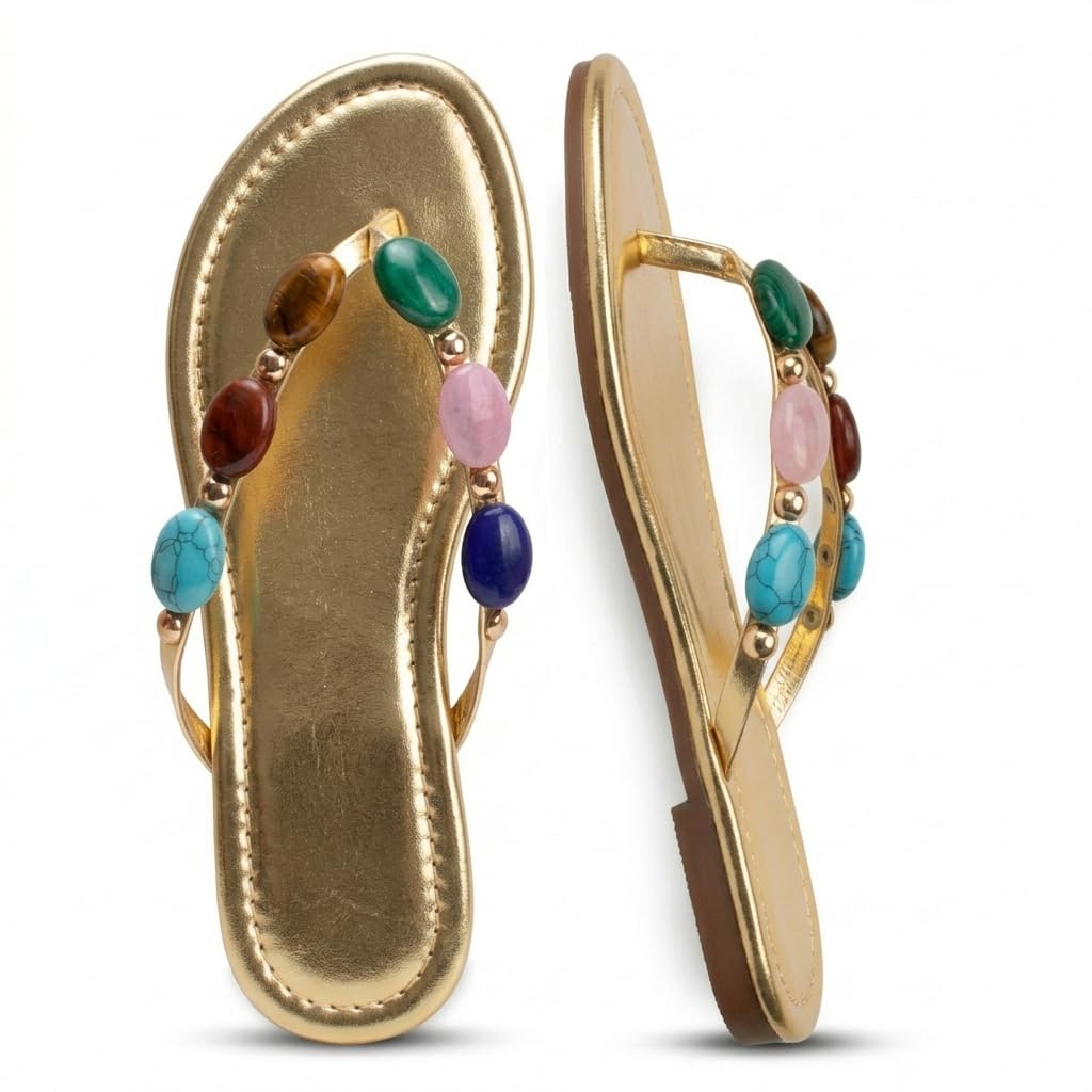 Jewelled Thong Strap Flip Flops, Open Round Toe Comfy Slip On Sandals for Summer Beach