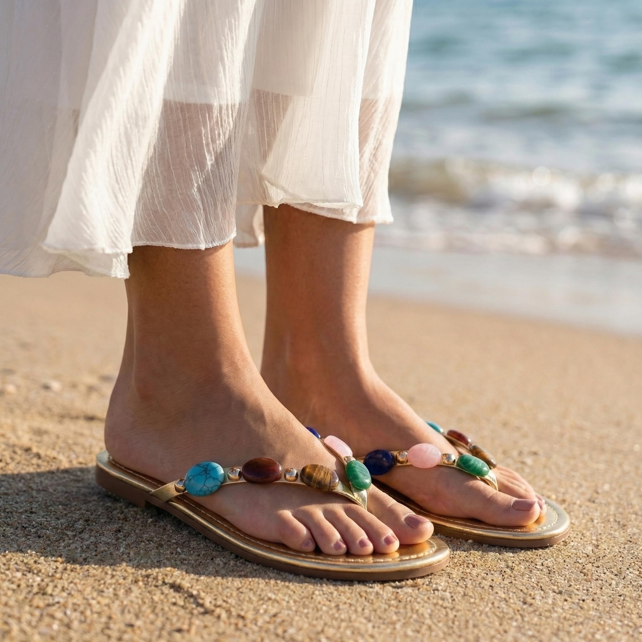 Jewelled Thong Strap Flip Flops, Open Round Toe Comfy Slip On Sandals for Summer Beach