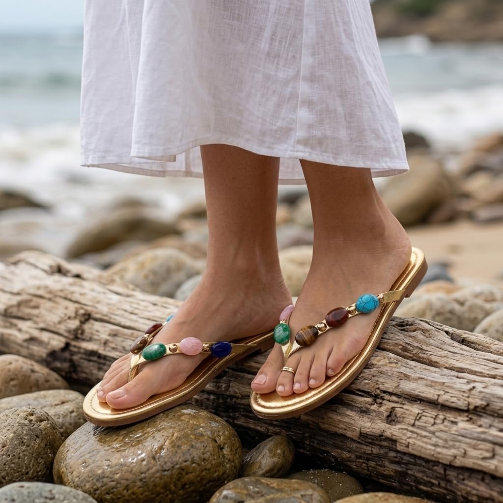Jewelled Thong Strap Flip Flops, Open Round Toe Comfy Slip On Sandals for Summer Beach