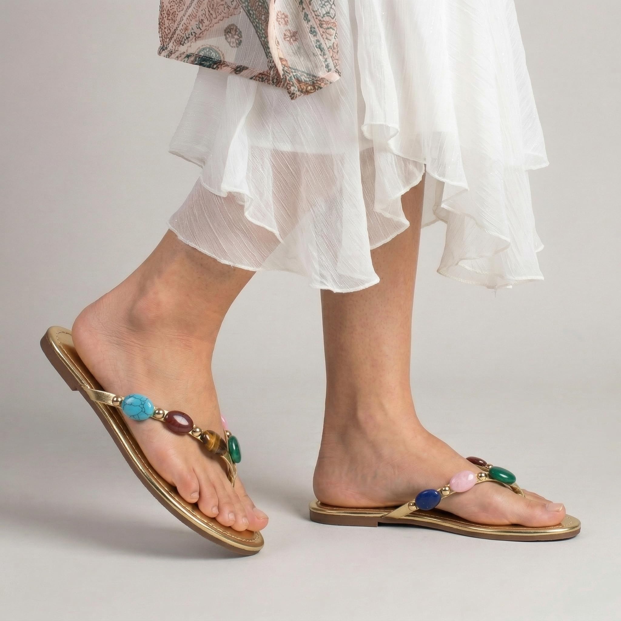 Jewelled Thong Strap Flip Flops, Open Round Toe Comfy Slip On Sandals for Summer Beach