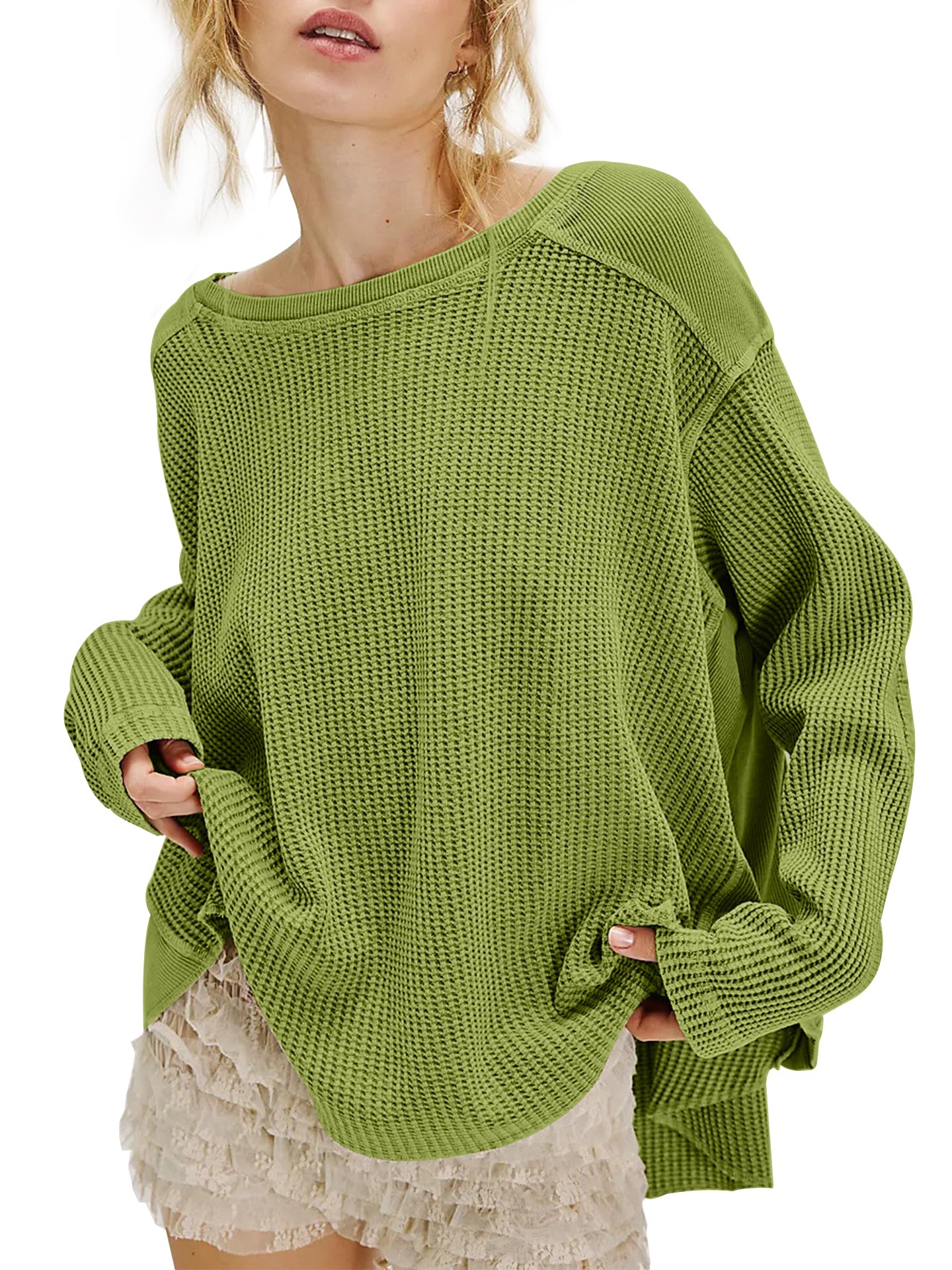 Waffle Knit Oversized Sweatshirt, Long Sleeve Crew Neck Pullover for Spring Fall