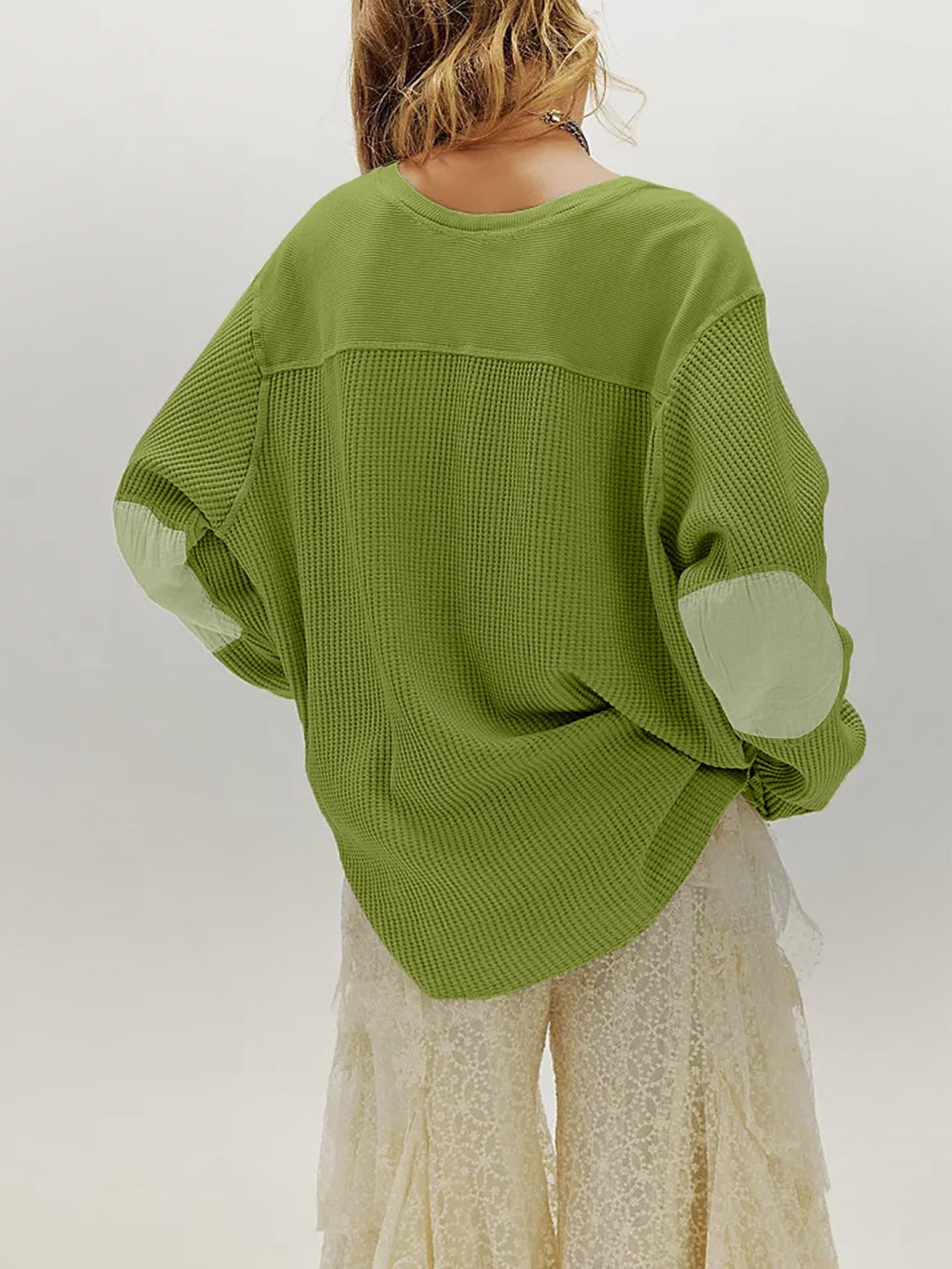 Waffle Knit Oversized Sweatshirt, Long Sleeve Crew Neck Pullover for Spring Fall