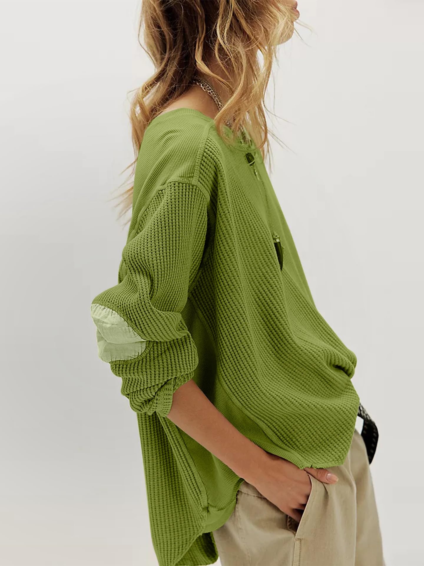 Waffle Knit Oversized Sweatshirt, Long Sleeve Crew Neck Pullover for Spring Fall