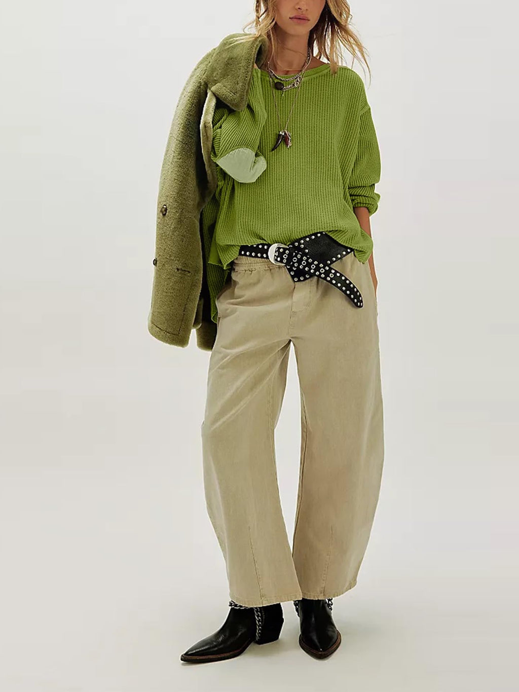 Waffle Knit Oversized Sweatshirt, Long Sleeve Crew Neck Pullover for Spring Fall