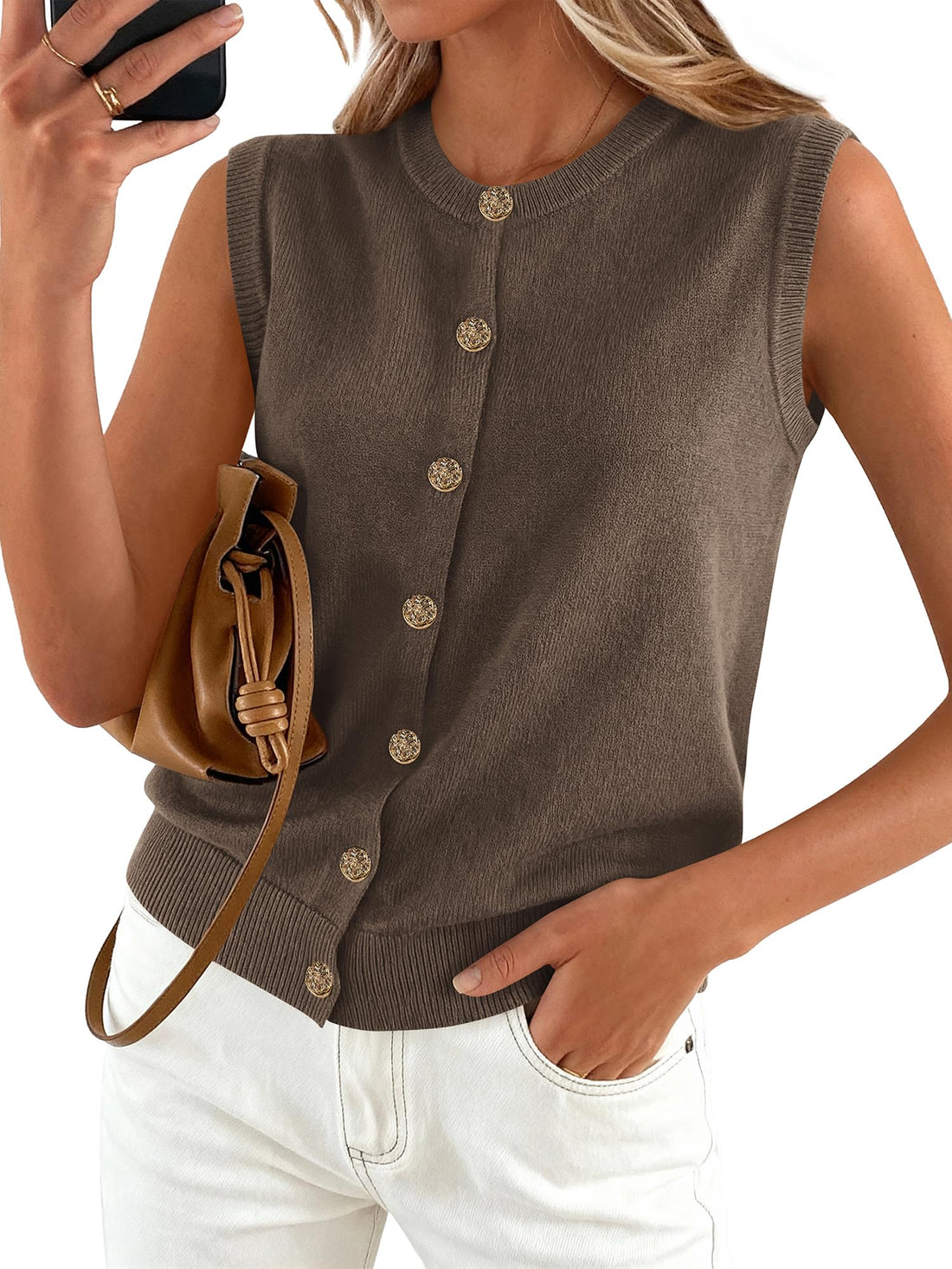 Crew Neck Button Down Sweater Vest, Loose Fit Sleeveless Knit Top for Spring Summer