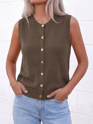Crew Neck Button Down Sweater Vest, Loose Fit Sleeveless Knit Top for Spring Summer