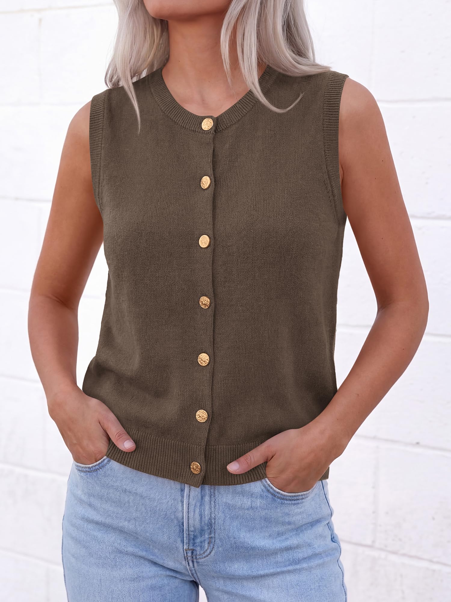 Crew Neck Button Down Sweater Vest, Loose Fit Sleeveless Knit Top for Spring Summer