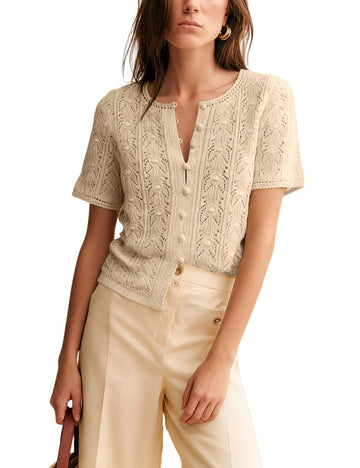 Short Sleeve Crochet Knit Cardigan, Lightweight Button Down Hollow Out Sweater Top
