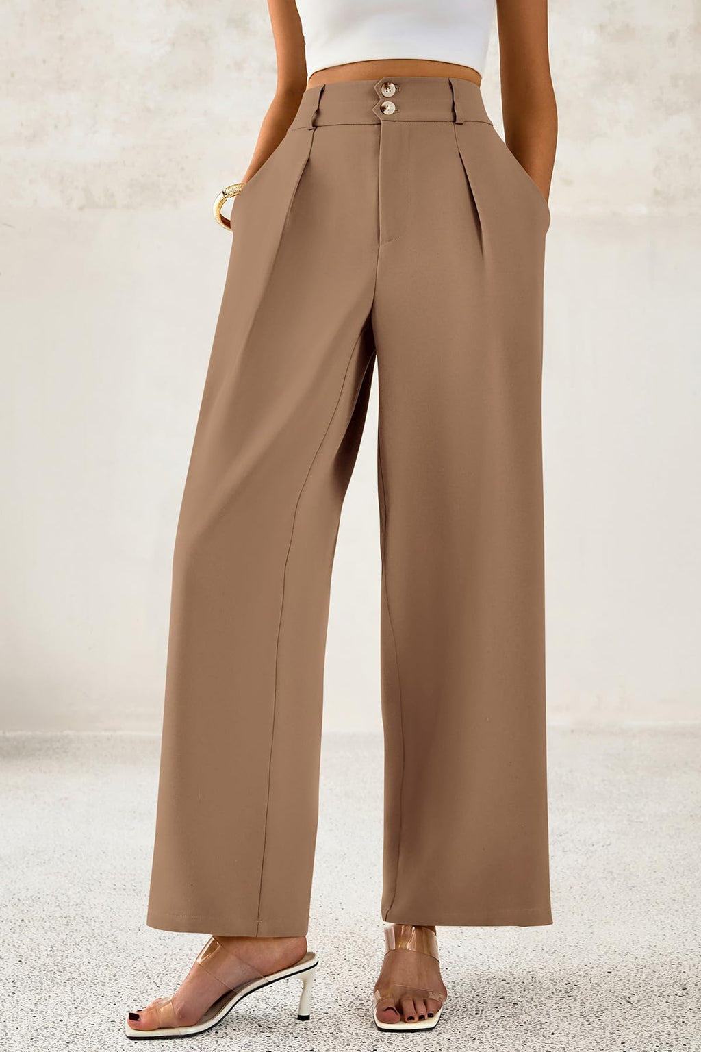 High Waist Pleated Wide Leg Trousers, Button Front Work Pants with Pockets Business Casual