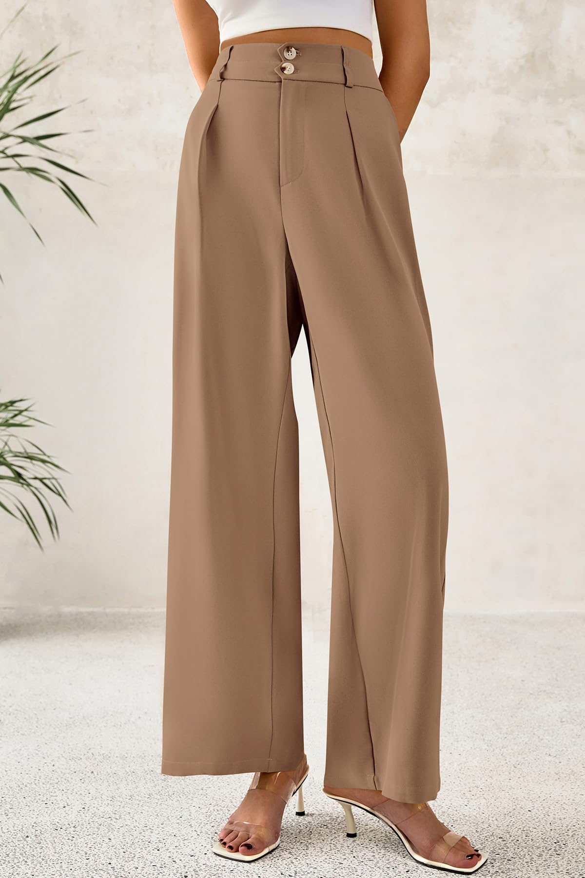 High Waist Pleated Wide Leg Trousers, Button Front Work Pants with Pockets Business Casual