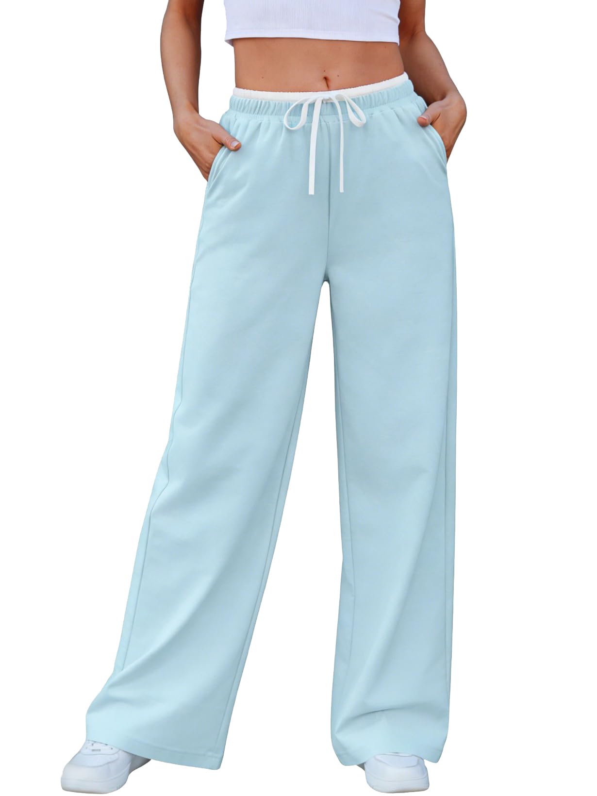 Color Block Wide Leg Track Pants, Lightweight Stretch Casual Trousers with Drawstring Waist