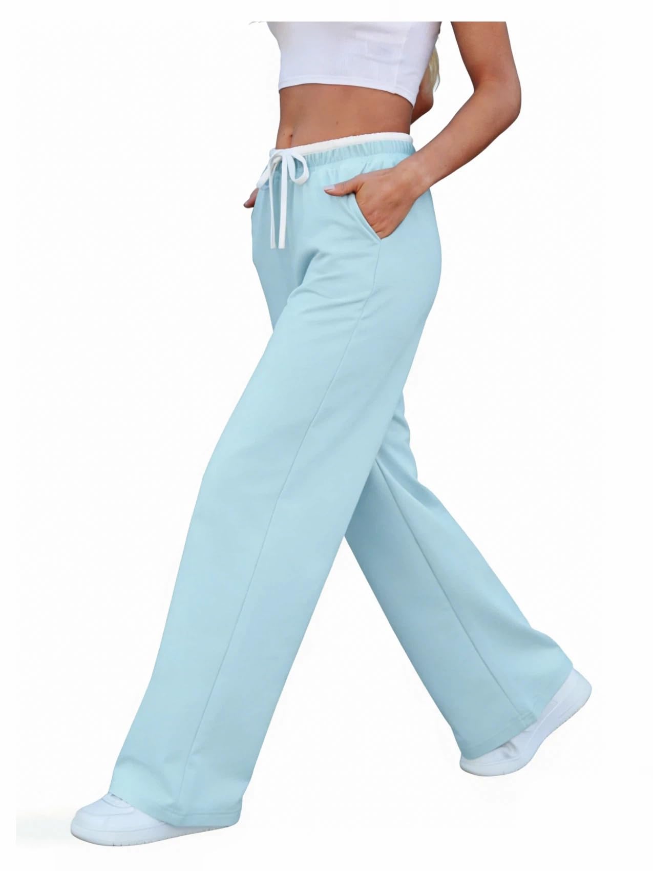 Color Block Wide Leg Track Pants, Lightweight Stretch Casual Trousers with Drawstring Waist