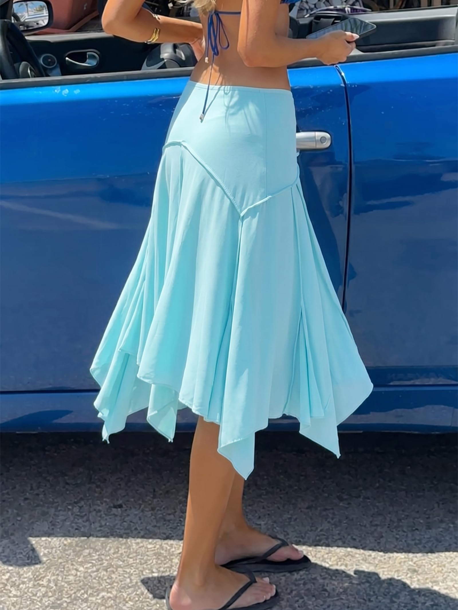 Asymmetrical Ruffle Hem Midi Skirt, High Waisted Flowy Long Skirt for Summer Beach