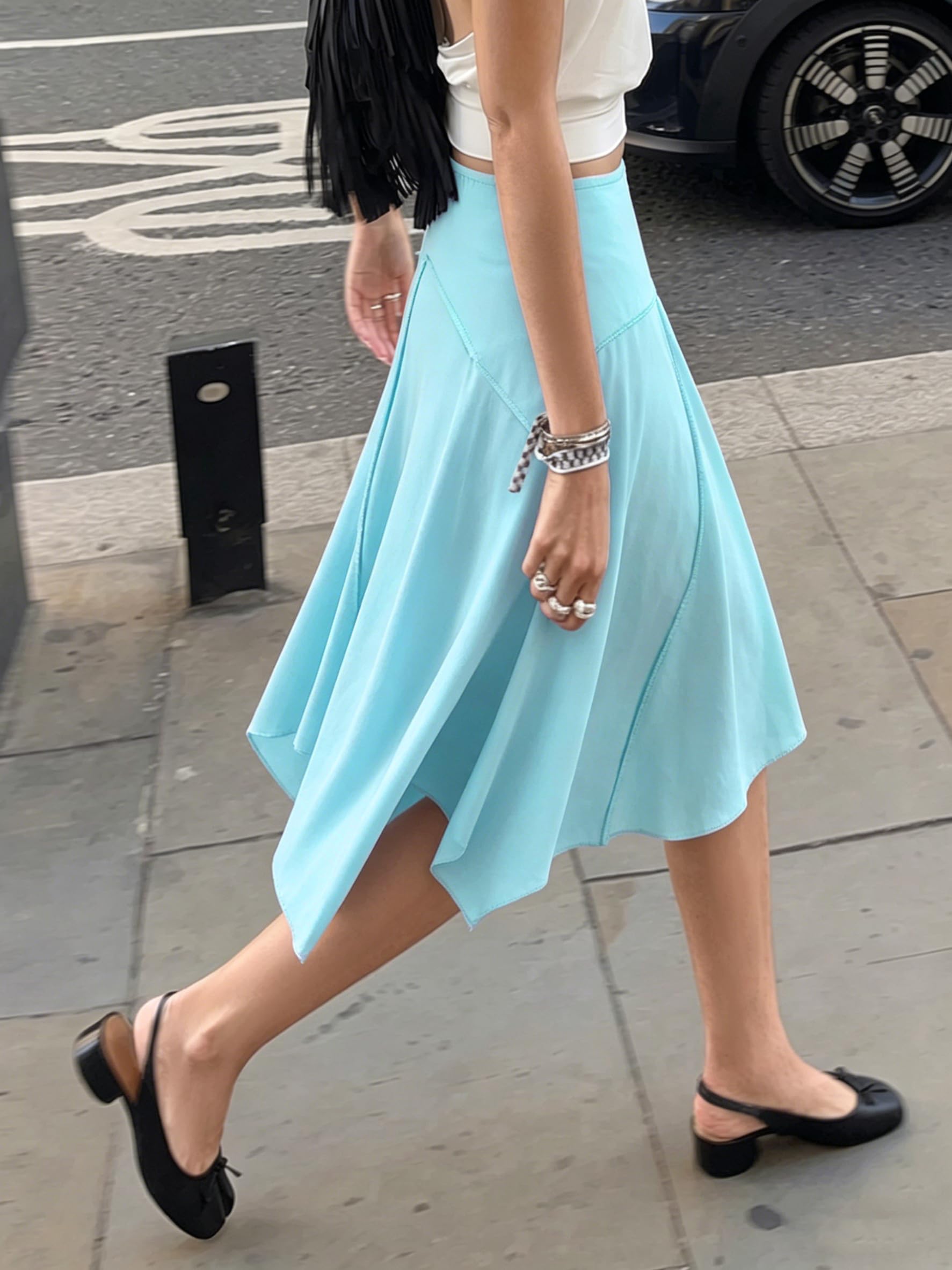 Asymmetrical Ruffle Hem Midi Skirt, High Waisted Flowy Long Skirt for Summer Beach