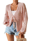 Long Sleeve Crochet Cardigan, Lightweight Mesh Tie Front Beach Cover Up