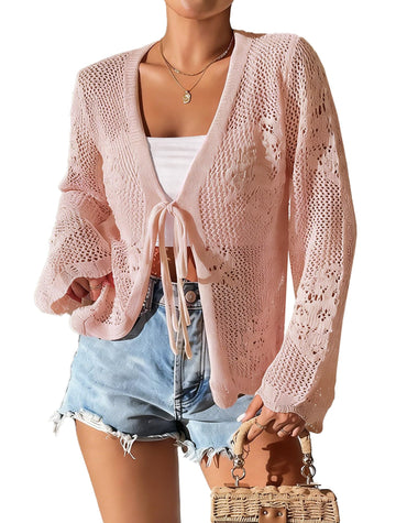 Long Sleeve Crochet Cardigan, Lightweight Mesh Tie Front Beach Cover Up