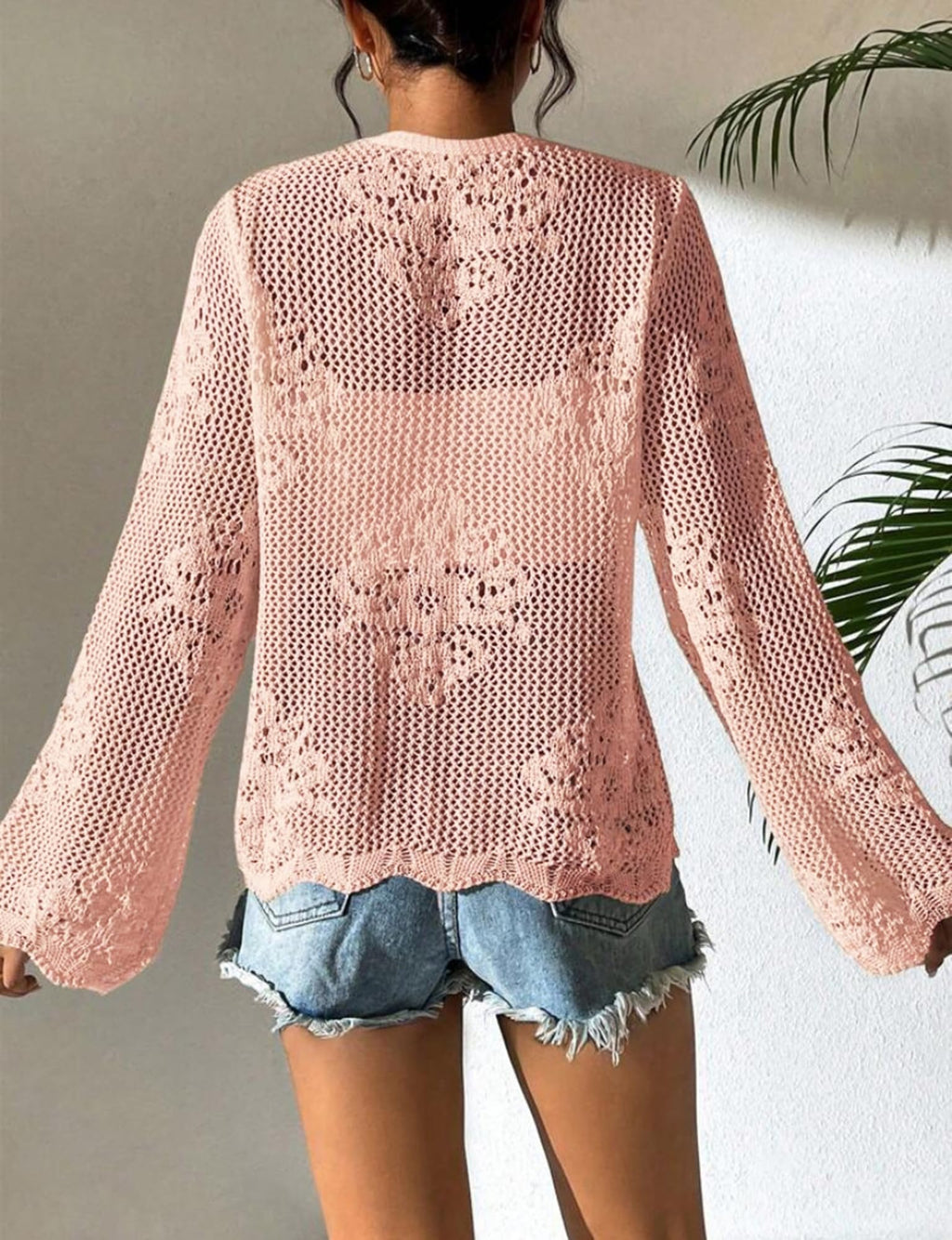Long Sleeve Crochet Cardigan, Lightweight Mesh Tie Front Beach Cover Up