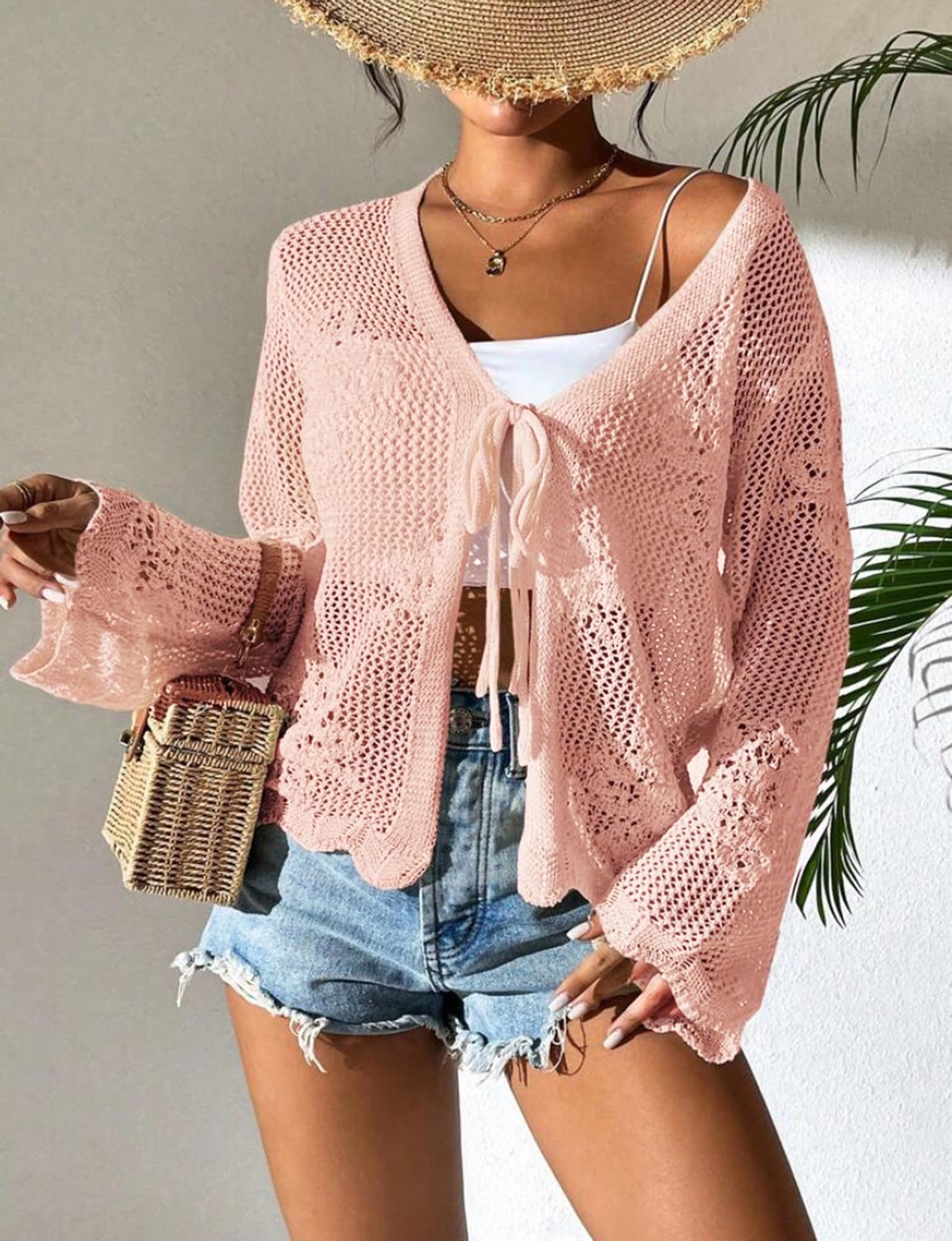 Long Sleeve Crochet Cardigan, Lightweight Mesh Tie Front Beach Cover Up