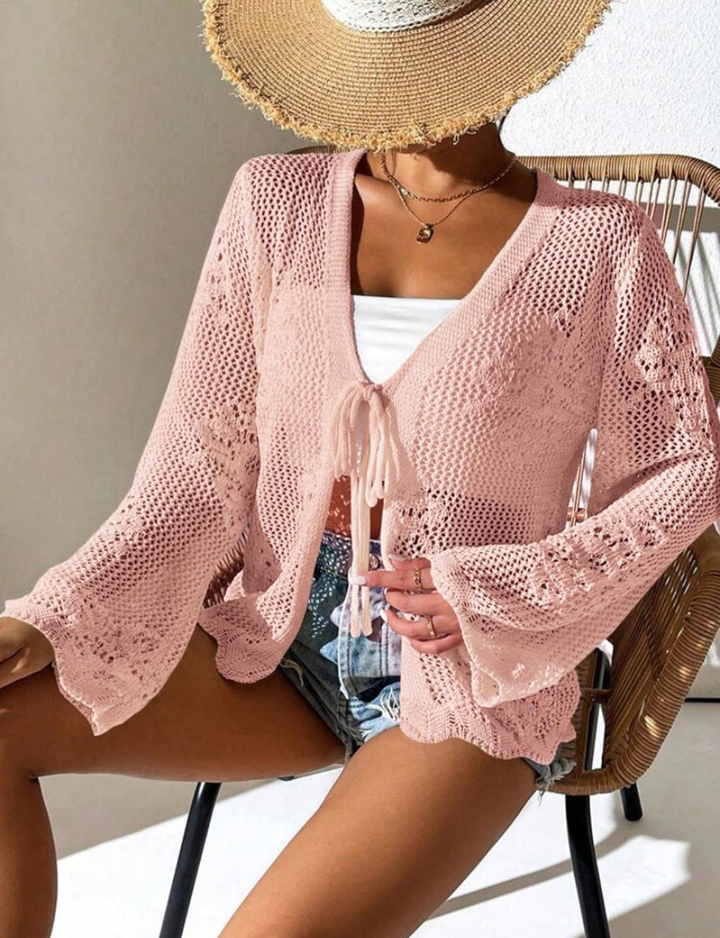 Long Sleeve Crochet Cardigan, Lightweight Mesh Tie Front Beach Cover Up